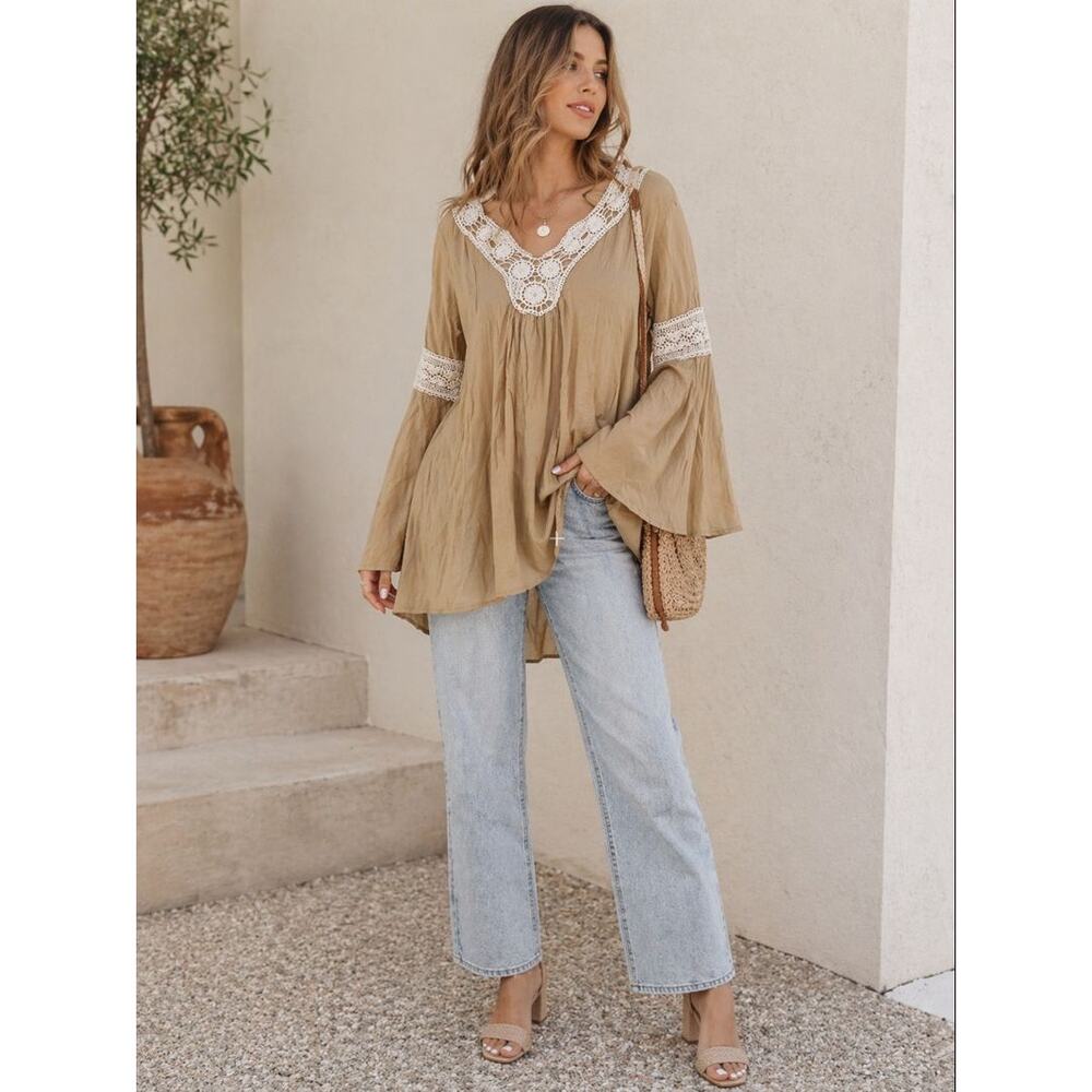 Umgee USA Large Boho Lace Trim Tunic Top Bell Sleeve Peasant Gypsy Blouse - Picture 2 of 8